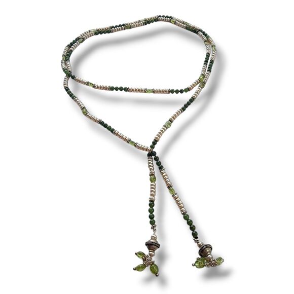 Natural White Pearl, Peridot And Jade Lariat Necklace Long Bohemian Green Cream - Picture 1 of 9